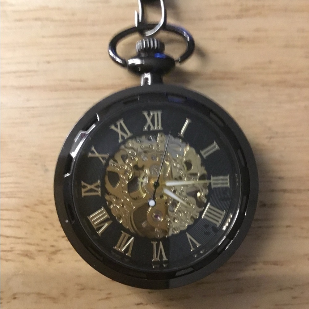 New Black and Gold Automatic Skeleton Pocket Watch